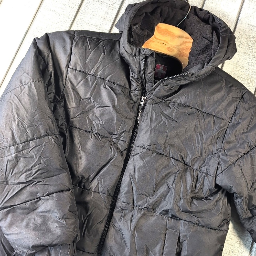 Swiss Tech Puffer Coat Jacket Youth XL 10-12 Black Hooded Lined Zipper - Sweater